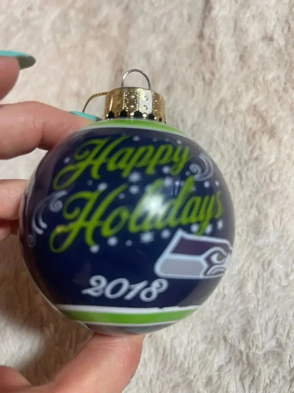 Seattle Seahawks Navy & Lime 'Happy Holidays' 2018 Ornament